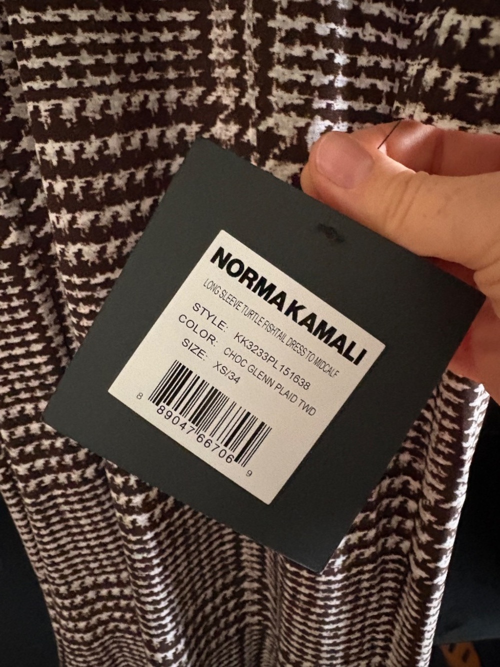 NORMA KAMALI Houndstooth Long Sleeve Turtle Fishtail Midi Dress Chocolate Plaid - Picture 3 of 5